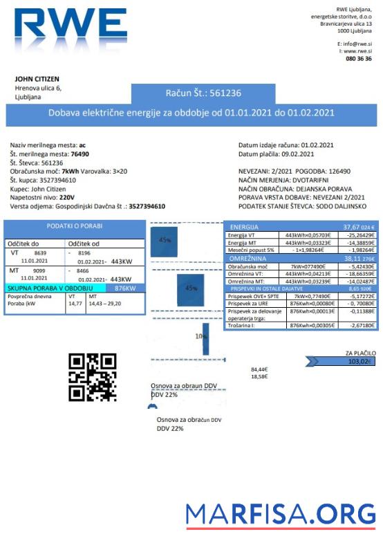 Downloadable Slovenia RWE electricity proof of address utility bill template in Word and PDF format